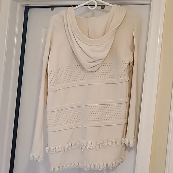 Tory Burch Women’s Baja Mixed Knit Hoodie Cream Tassel V Neck Pullover Sweater L - Picture 4 of 4